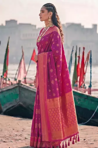 exclusive rani pink banarasi silk blend saree for women festive wedding traditional wear