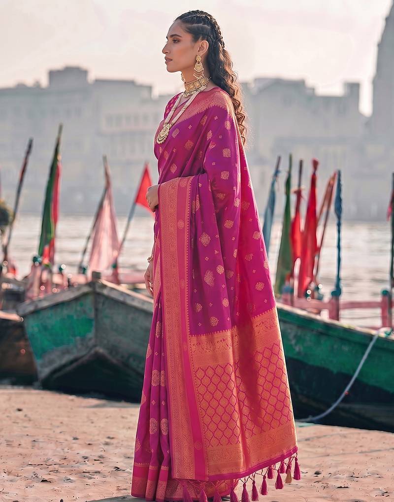 exclusive rani pink banarasi silk blend saree for women festive wedding traditional wear