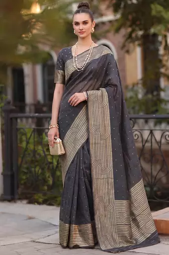 grey silk blend saree for women festive party ethnic wear