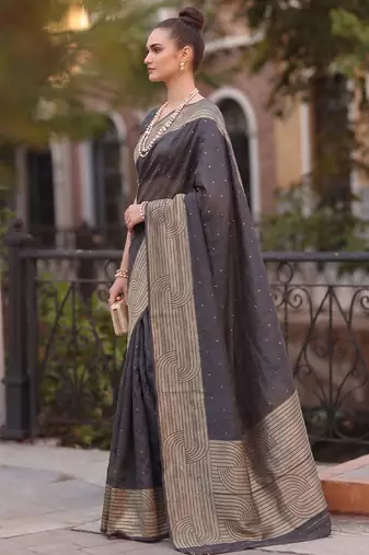 grey silk blend saree for women festive party ethnic wear