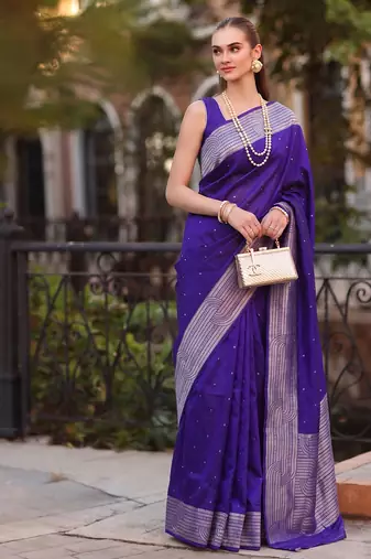 navy blue silk blend saree for women festive wedding wear