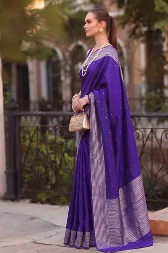 navy blue silk blend saree for women festive wedding wear