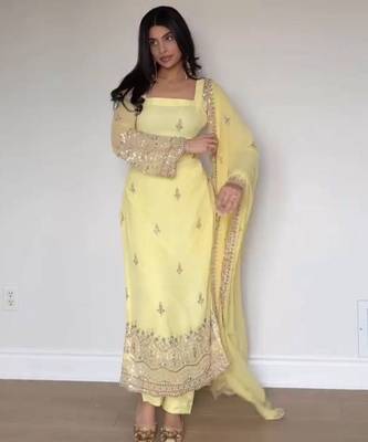 Embroidery Faux Georgette Fabric Straight Kurta Pant and Dupatta Set 1