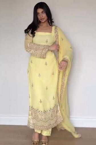 Embroidery Faux Georgette Fabric Straight Kurta Pant and Dupatta Set
