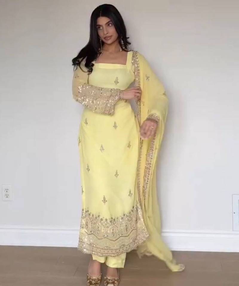 Embroidery Faux Georgette Fabric Straight Kurta Pant and Dupatta Set