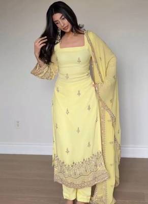 Embroidery Faux Georgette Fabric Straight Kurta Pant and Dupatta Set 2