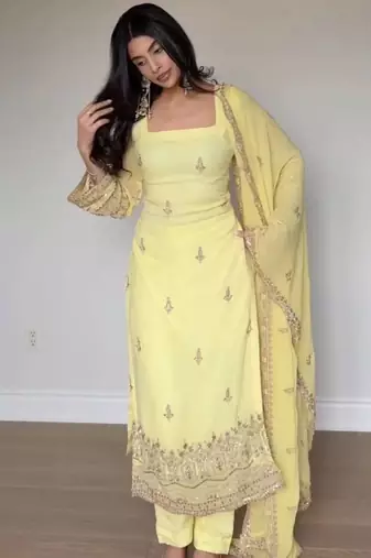 Embroidery Faux Georgette Fabric Straight Kurta Pant and Dupatta Set