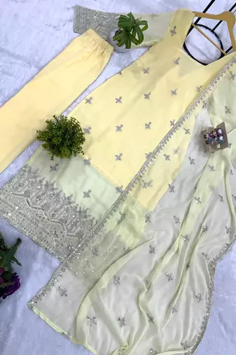 Embroidery Faux Georgette Fabric Straight Kurta Pant and Dupatta Set