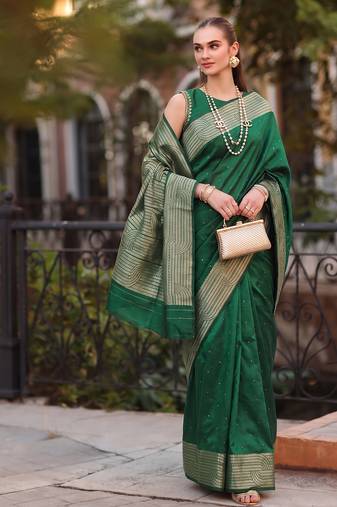 green silk blend saree for women festive party ethnic wear