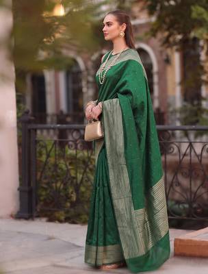 green silk blend saree for women festive party ethnic wear 2