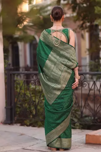 green silk blend saree for women festive party ethnic wear