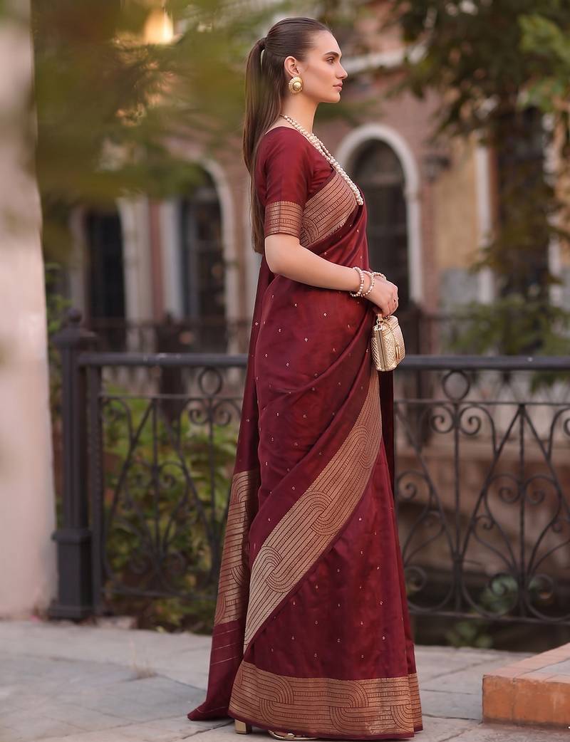 maroon silk blend saree for women festive wedding ethnic wear