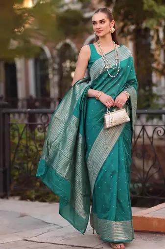 teal silk blend saree for women festive party ethnic wear