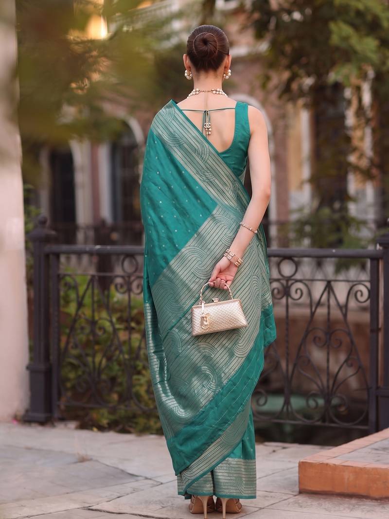teal silk blend saree for women festive party ethnic wear