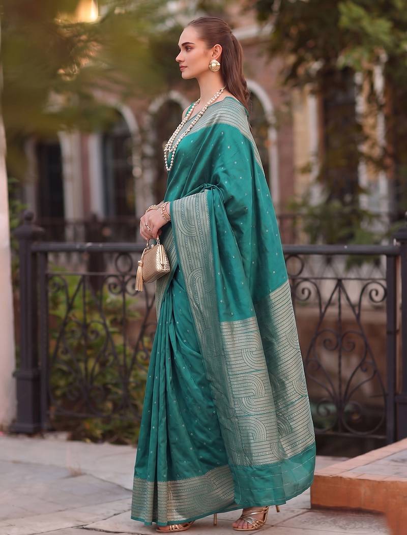 teal silk blend saree for women festive party ethnic wear