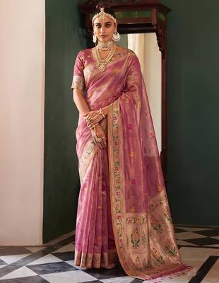 rose pink tissue silk blend saree for women festive party wedding wear 1