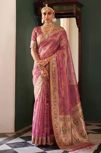 rose pink tissue silk blend saree for women festive party wedding wear