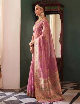 rose pink tissue silk blend saree for women festive party wedding wear 2