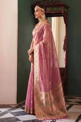 rose pink tissue silk blend saree for women festive party wedding wear