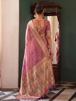 rose pink tissue silk blend saree for women festive party wedding wear 3