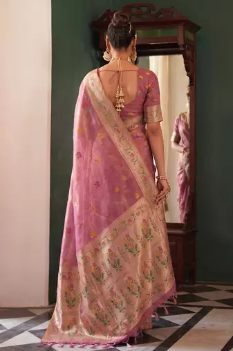 rose pink tissue silk blend saree for women festive party wedding wear