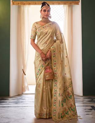beige tissue silk blend saree for women festive party wedding wear 1