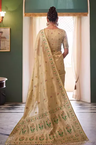 beige tissue silk blend saree for women festive party wedding wear