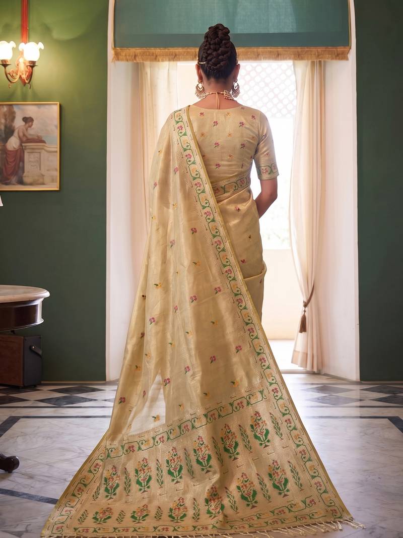 beige tissue silk blend saree for women festive party wedding wear