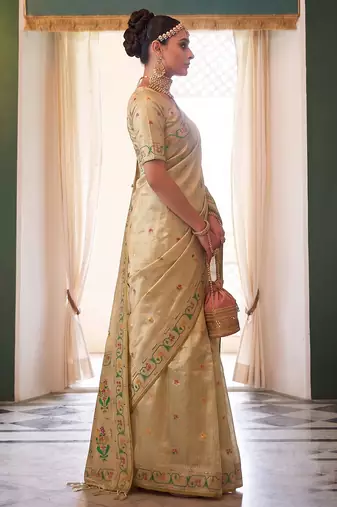 beige tissue silk blend saree for women festive party wedding wear