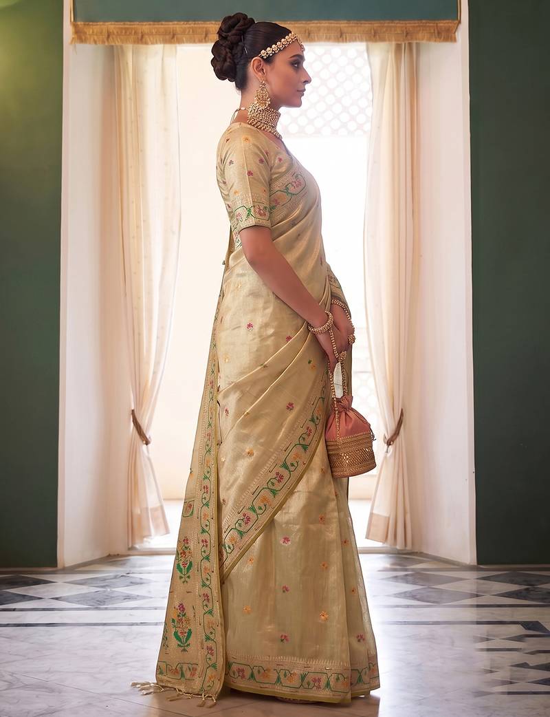 beige tissue silk blend saree for women festive party wedding wear