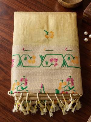 beige tissue silk blend saree for women festive party wedding wear 4