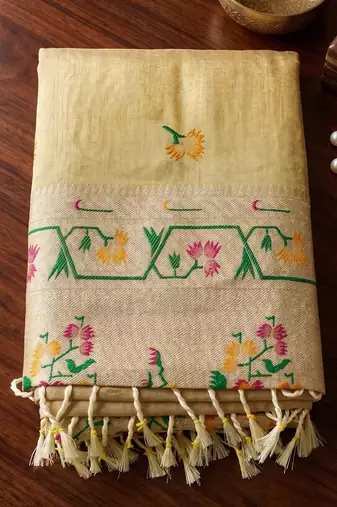 beige tissue silk blend saree for women festive party wedding wear