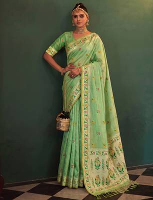 green tissue silk blend saree for women festive party wedding wear 1