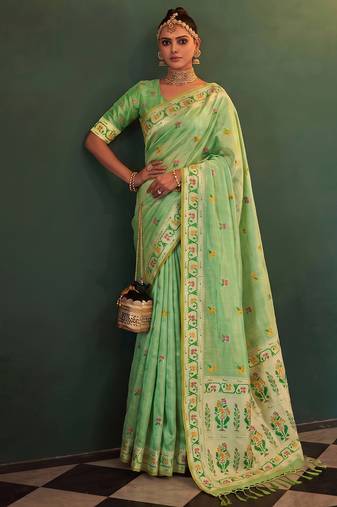 green tissue silk blend saree for women festive party wedding wear