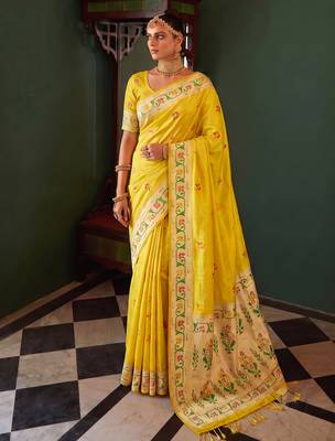 mustard tissue silk blend saree for women festive party wedding wear 1