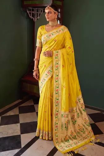 mustard tissue silk blend saree for women festive party wedding wear
