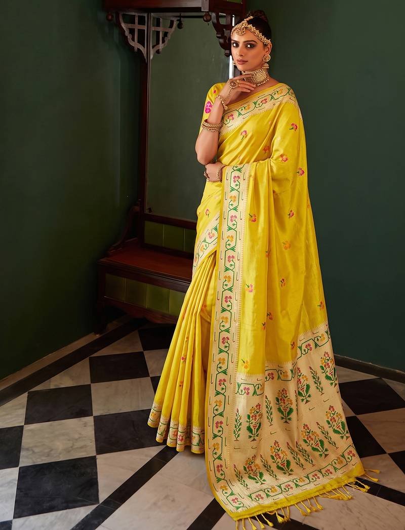 mustard tissue silk blend saree for women festive party wedding wear