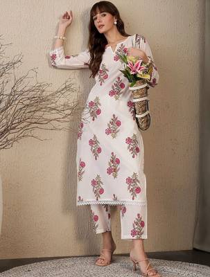 Floral Printed V-Neck Straight Pure Cotton Kurta With Trouser 1