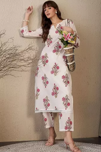 Floral Printed V-Neck Straight Pure Cotton Kurta With Trouser