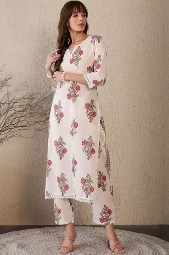 Floral Printed V-Neck Straight Pure Cotton Kurta With Trouser