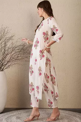 Floral Printed V-Neck Straight Pure Cotton Kurta With Trouser