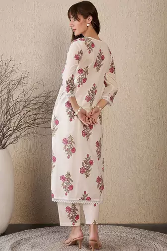 Floral Printed V-Neck Straight Pure Cotton Kurta With Trouser