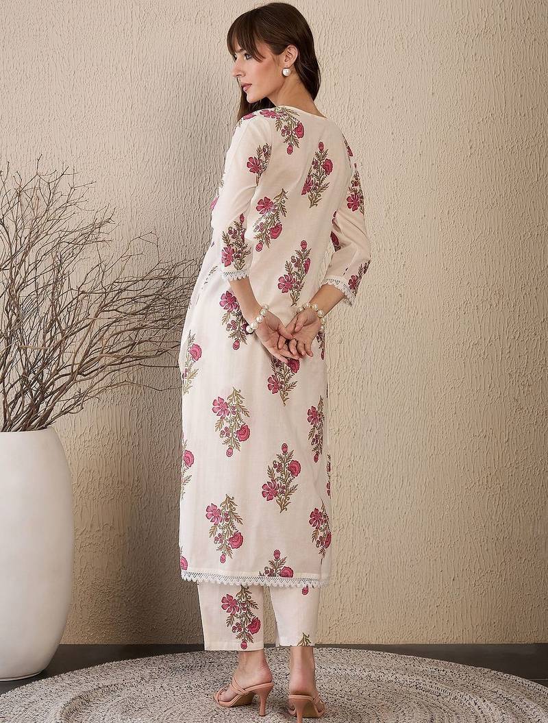 Floral Printed V-Neck Straight Pure Cotton Kurta With Trouser