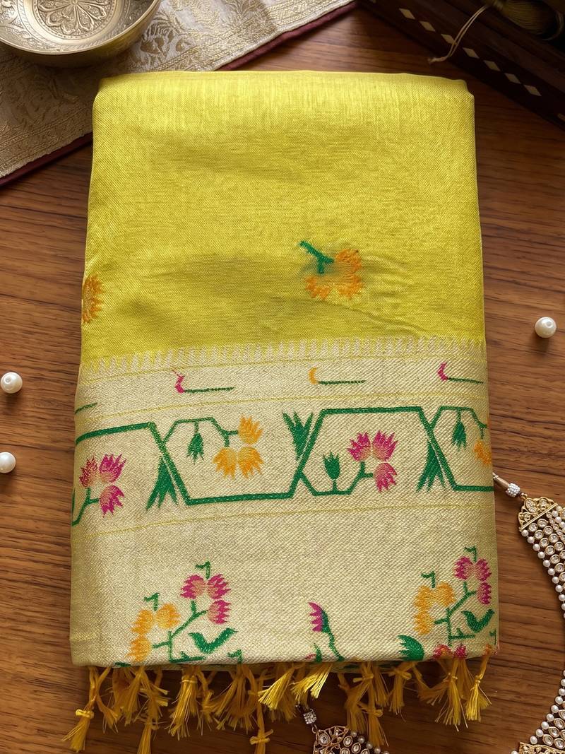 mustard tissue silk blend saree for women festive party wedding wear