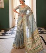 sky blue tissue silk blend saree for women festive party wedding wear