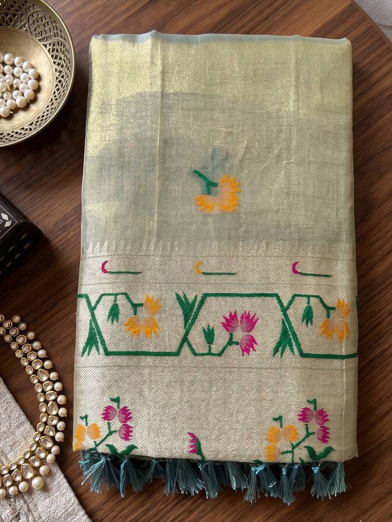 sky blue tissue silk blend saree for women festive party wedding wear