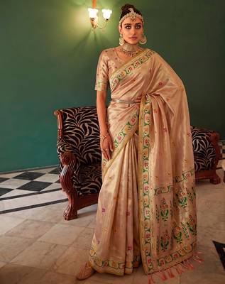 cream tissue silk blend saree for women festive party wedding wear 1