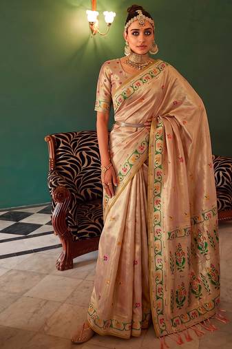 cream tissue silk blend saree for women festive party wedding wear
