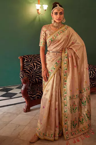 cream tissue silk blend saree for women festive party wedding wear