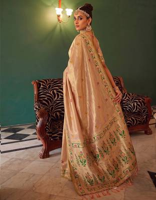 cream tissue silk blend saree for women festive party wedding wear 2